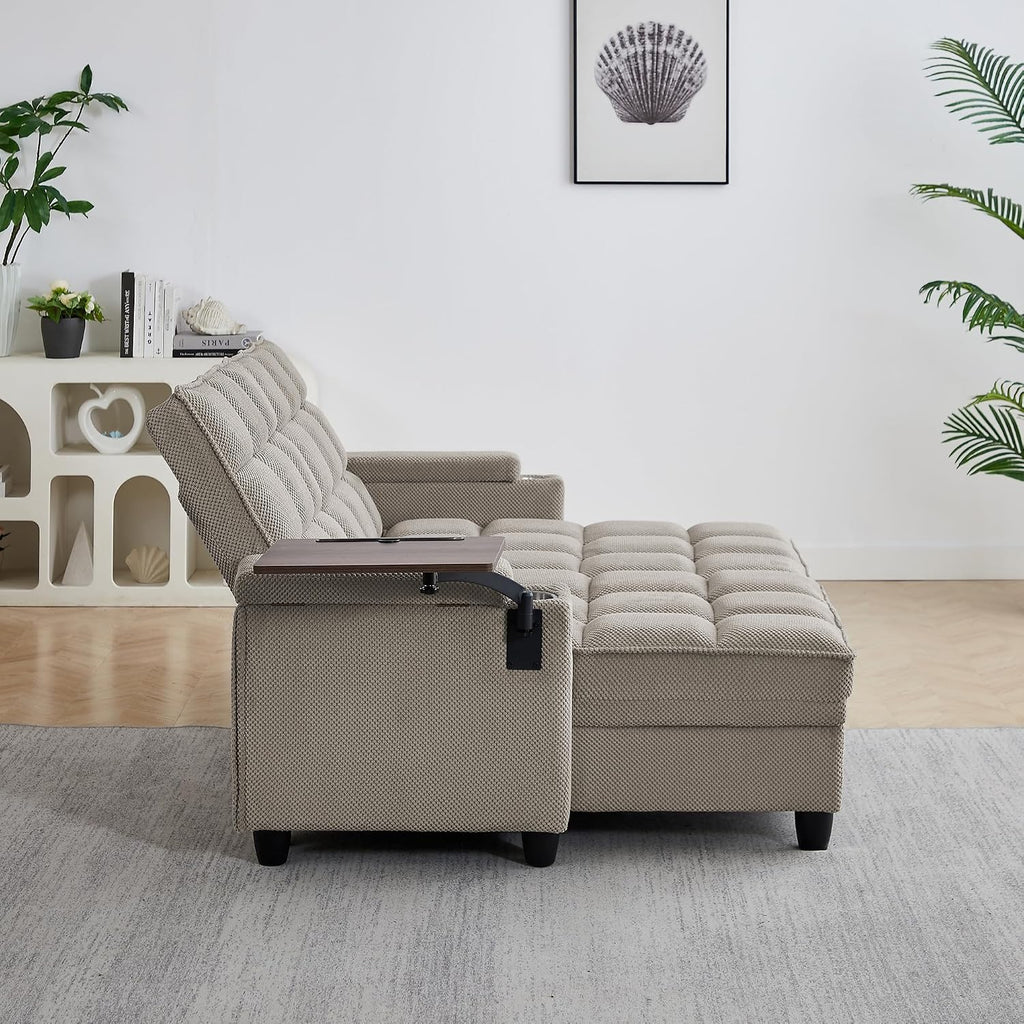 Eafurn Double Chaise Lounge Convertible Sleeper Chair Sofabed W/Storage and 6-Position Reclining Backrest, Modern Tufted Recliner Lounge Chaise Couch with Swivel Table & USB for Living Room