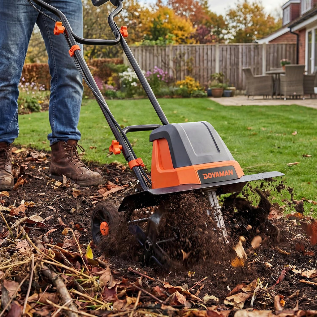 DOVAMAN 18-Inch Electric Garden Tiller, 15-Amp Corded Cultivator with Up to 9-Inch Tilling Depth, 4-Position Adjustable Wheels & Foldable Handle for Soil Preparation