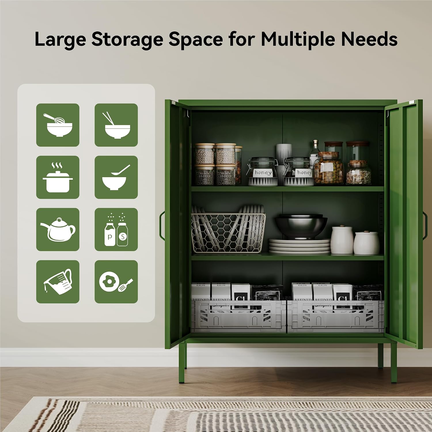 COFaR Forest Green Metal Cabinet, 40' Kitchen Pantry & Coffee Bar Cabinet, 3-Tier Adjustable Shelf Organizer with Magnetic Doors, Rustic Modern Sideboard for Dining Room, Home Office