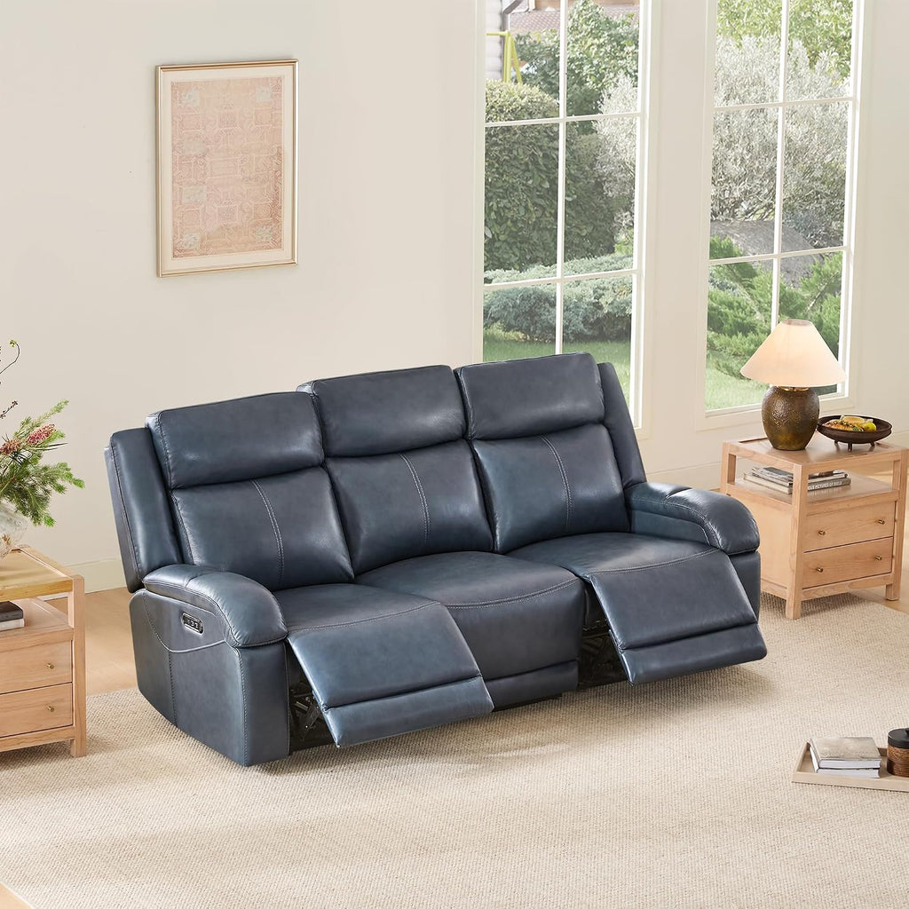 Watson & Whitely Genuine Leather Power Recliner Sofa, 3 Seater Wall Hugger Reclining Sofas with Power Headrest, USB & TypeC Ports, Electric Recliner Couch Set for Living Room, Navy