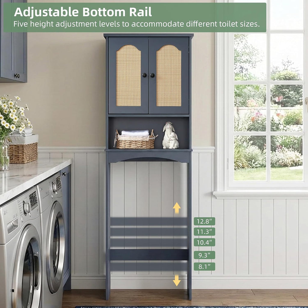 Over The Toilet Storage Cabinet with Rattan Doors, Boho Farmhouse Bathroom Organizer Over Toilet, 5-Level Adjustable Bottom Bar Fits Water Valve, 3 Adjustable Inner Shelves, Navy Blue, 24'x70'