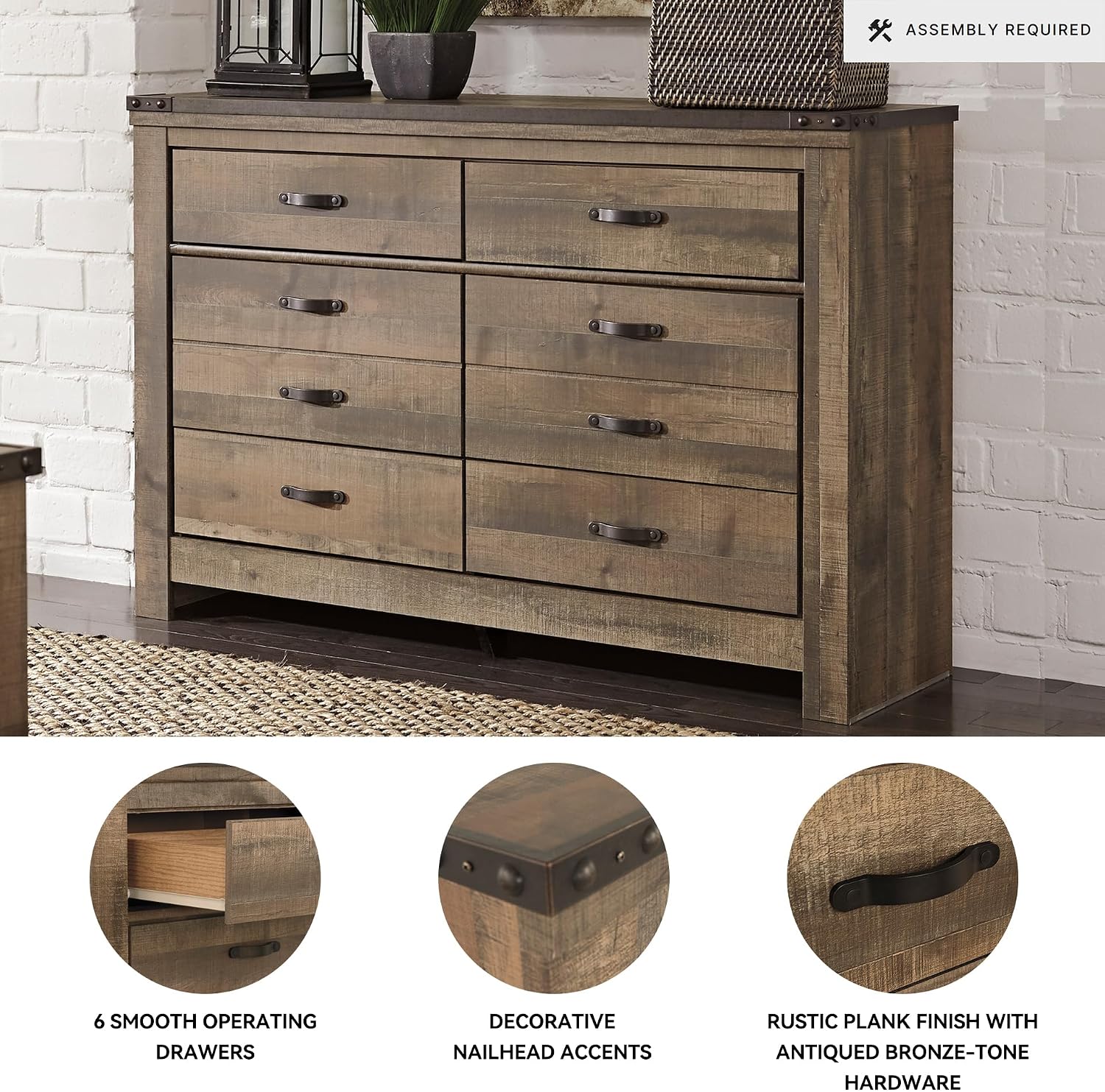 Signature Design by Ashley Trinell Rustic 6 Drawer Dresser with Safety Stop for Bedroom, Dark Brown