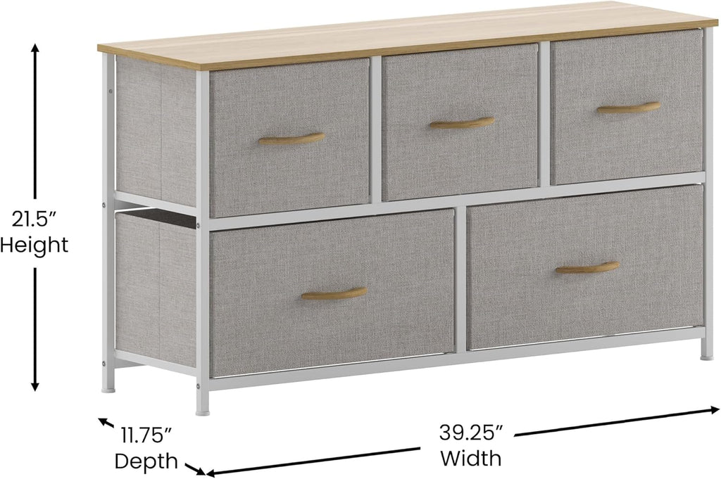 Flash Furniture Harris 5 Drawer Vertical Storage Dresser, Engineered Wood Top and Cast Iron Frame, Easy Pull Non-Woven Fabric Drawers with Wooden Handles, White/Beige