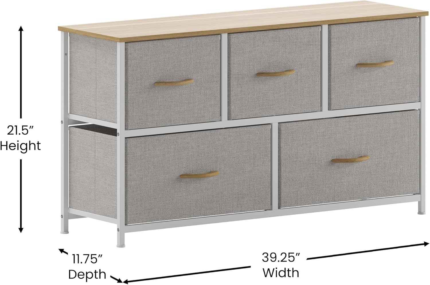 Flash Furniture Harris 5 Drawer Vertical Storage Dresser, Engineered Wood Top and Cast Iron Frame, Easy Pull Non-Woven Fabric Drawers with Wooden Handles, White/Beige