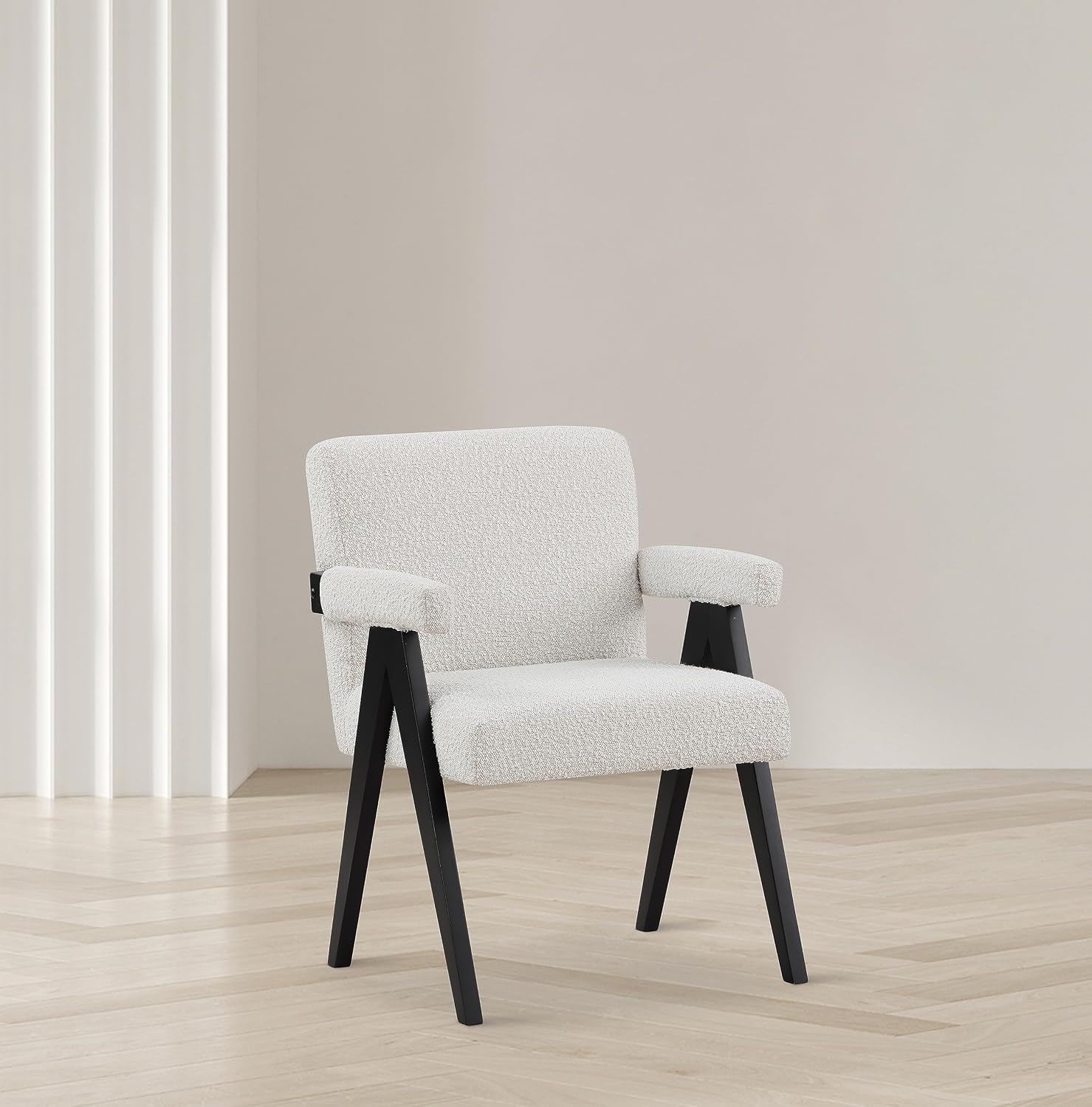 Meridian Furniture 481Cream Woodloch Collection Mid-Century Modern Boucle Fabric Upholstered Accent Chair with Rich Cream Boucle Fabric, Black Finish Solid Wood, 24.5' W x 23.5' D x 32' H, Cream
