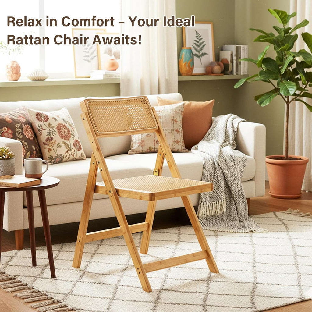 Furlide Rattan Folding Chairs, Modern Mid Century Dining Chairs Set of 2, Outdoor Bamboo Chair for Bedroom Living Room Reading Room Dining Kitchen, Wood