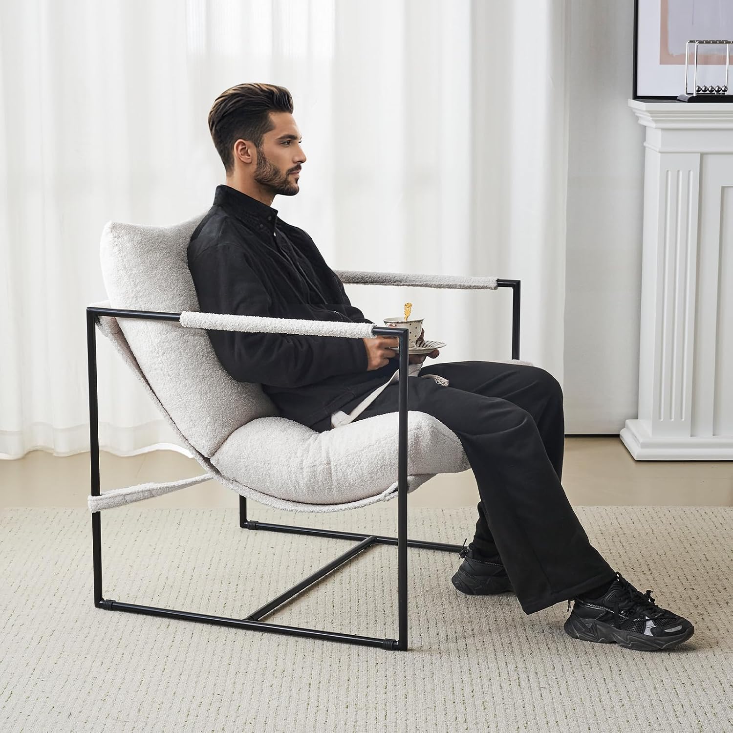 Furnilivng Large Sling Accent Chairs Set of 2, Comfortable Boucle Fabric Arm Chair, Upholstered Cozy Reading Chair for Living Room, Bedroom, Dressing Room, Home Office, White