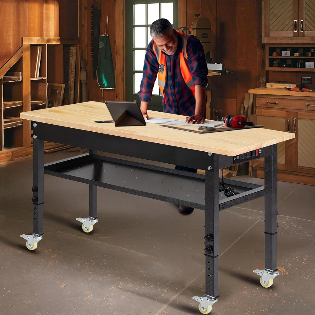 48'/60'' Adjustable Workbench, Rubber Wood Top Work Bench Heavy-Duty Work Table with Power Outlet, Wheels, Partition 2000 LBS Load Capacity Hardwood Work Benches for Garage, Workshop, Home, Office
