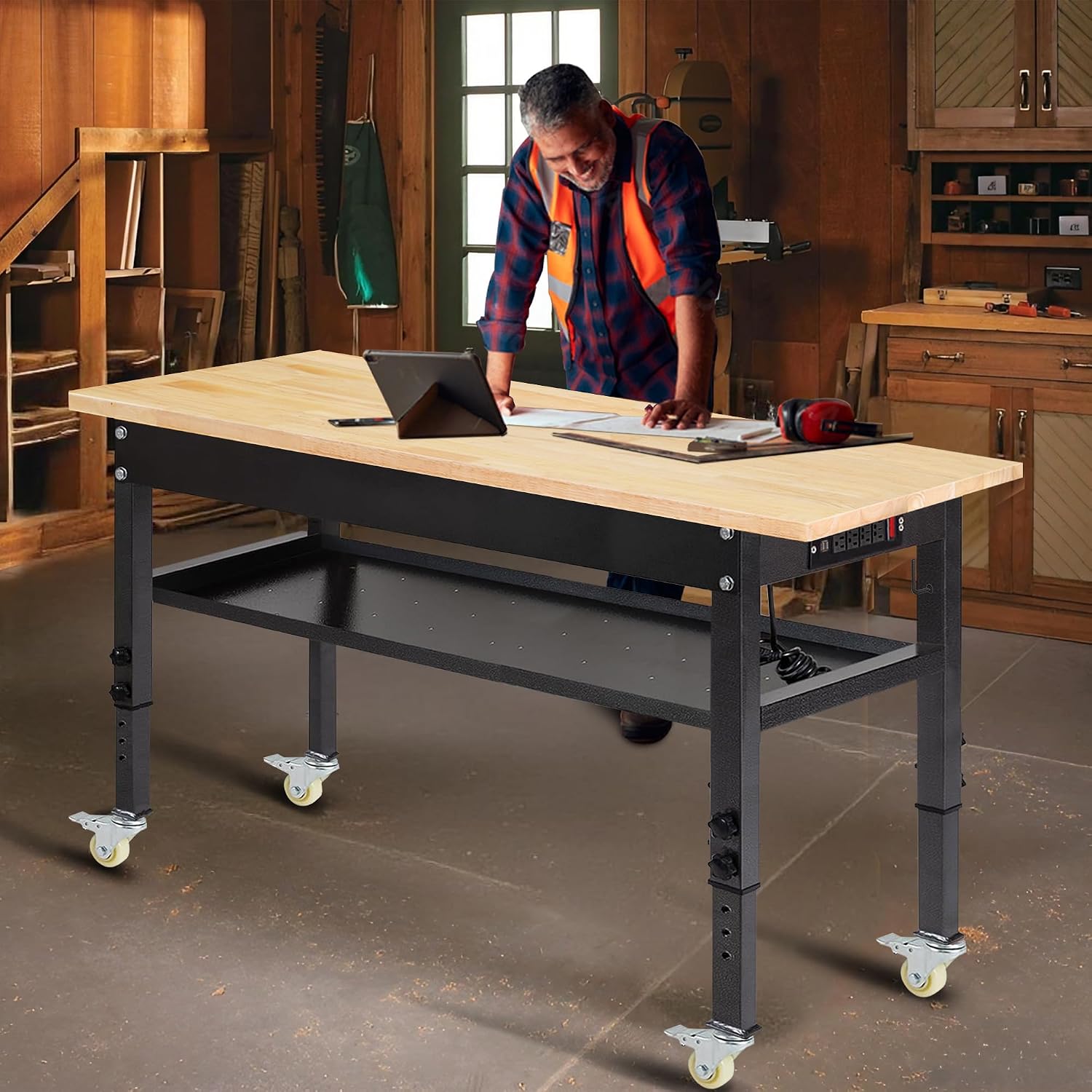 48'/60'' Adjustable Workbench, Rubber Wood Top Work Bench Heavy-Duty Work Table with Power Outlet, Wheels, Partition 2000 LBS Load Capacity Hardwood Work Benches for Garage, Workshop, Home, Office