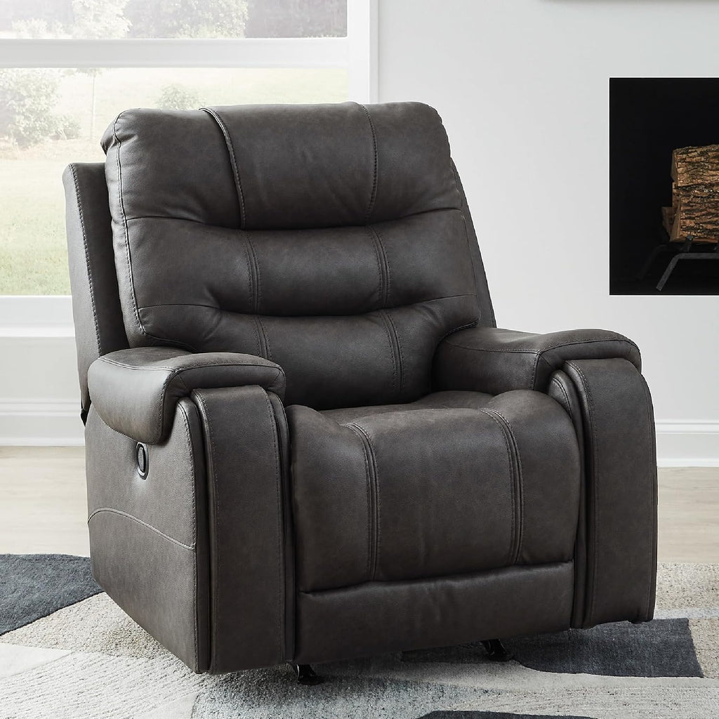 Signature Design by Ashley MakingMoves Rocker Recliner, Faux Leather Oversized Recliner Chair, No Assembly Required, with Pop-Out Cup Holders for Living Rooms, Smoke, 40' W