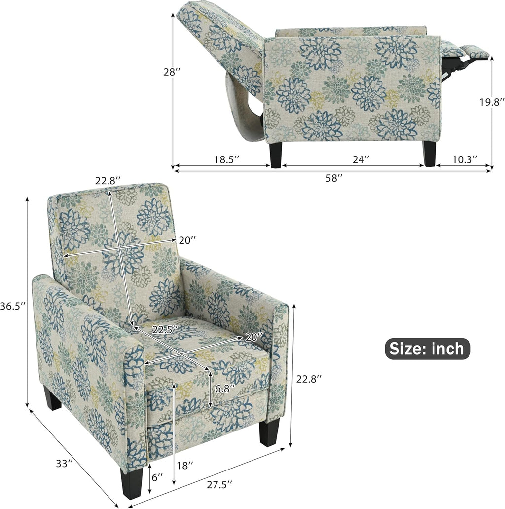Christopher Knight Home Kenley Modern Fabric Upholstered Push Back Recliner Chair, Wooden Gliding Home Theater Seating, Comfy Reading Chair, Deep Seating Single Sofa Accent Chair, Mixed Blue