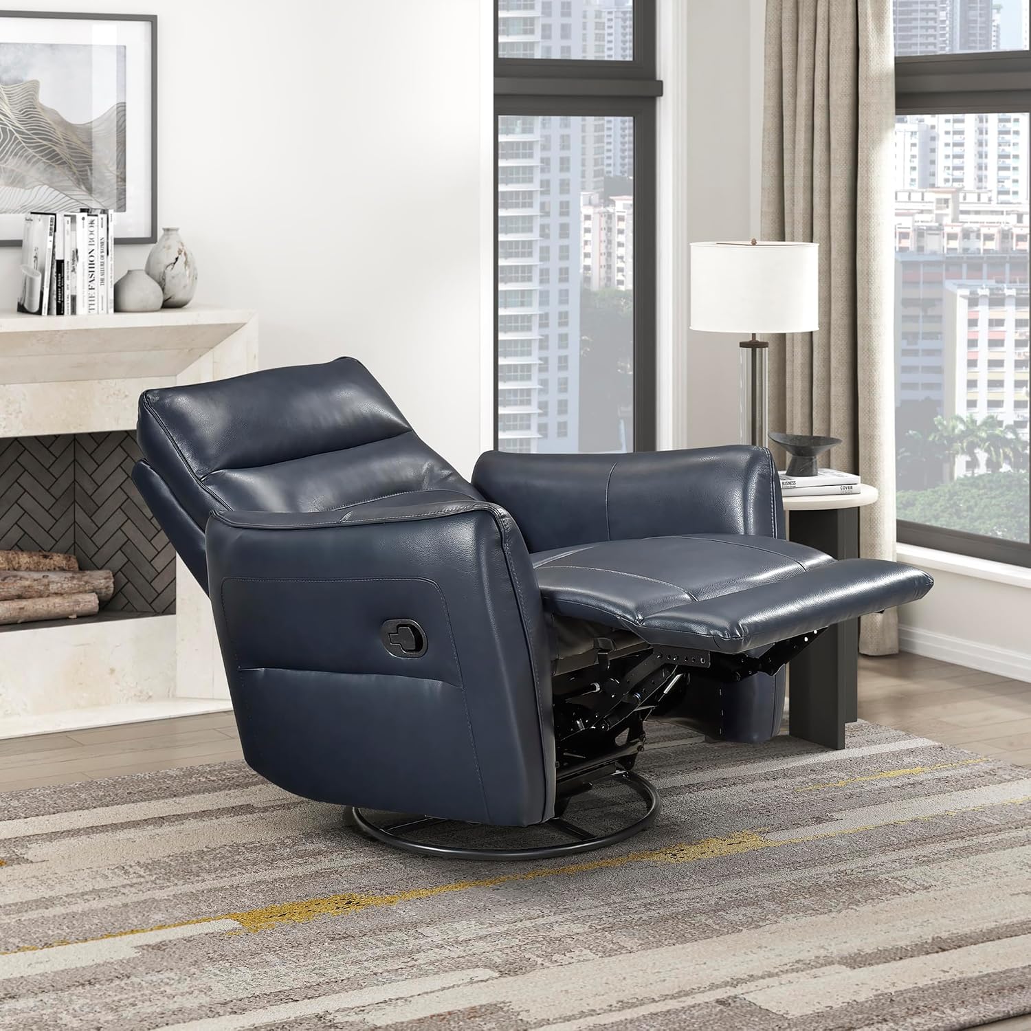 Lexicon Swivel Glider Reclining Chair, Top Grain Leather Match Manual Recliner, Comfy Nursery Glider Recliner, Swivel Reclining Chair for Living Room/Office/Bedroom/Apartment, Dark Blue