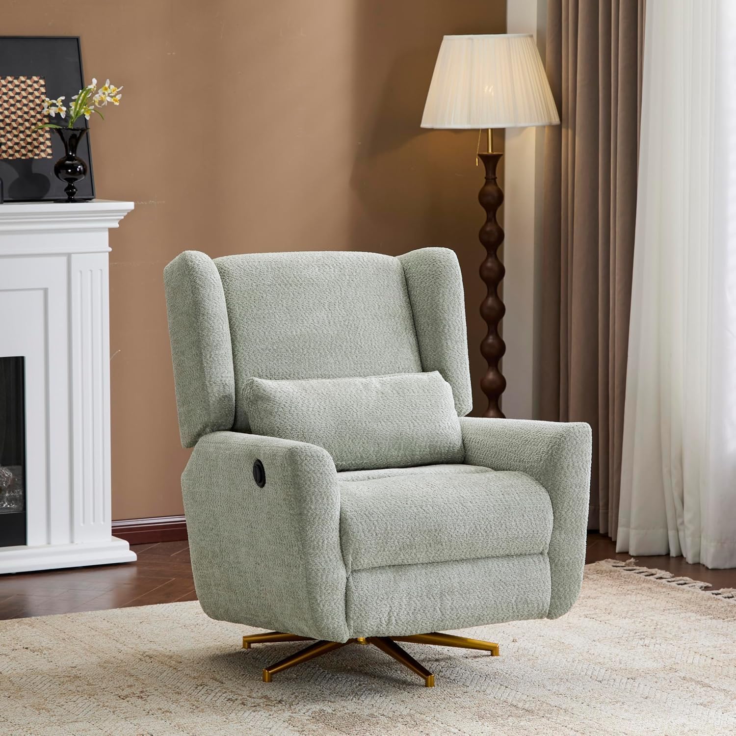 Christopher Knight Home Dolia Boucle Upholstered 360° Swivel Chair, Push-Back Power Recliner Chair, Iron Recliner Sofa with Rotation, Living Room Lounge Sofa, Adjustable Backrest, Gold+Light Green