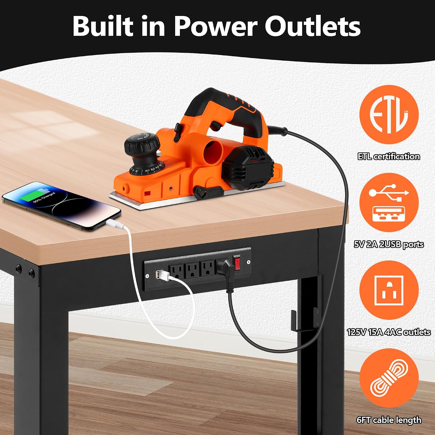 Antifir 60' Adjustable Workbench，Heavy Duty Wood Work Bench 2000 Lbs Load Capacity,Work Table with Power Outlet and Wheels for Garage, Workshop, Office, Home