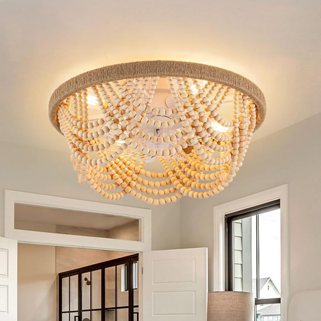Bella Depot 20' Boho Caged Ceiling Fan with Light, Flush Mount Wood Beaded Fandelier Chandelier Fan, 6 Speeds Reversible Bladeless Ceiling Fan for Bedroom Kids Room Kitchen