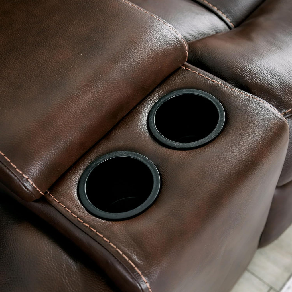 Furniture of America Corrals 77 inches Top Grain Leather Upholstered 2-Seater Power Recliner Loveseat with Cupholders and USB Port for Living Room, Home Office, Brown