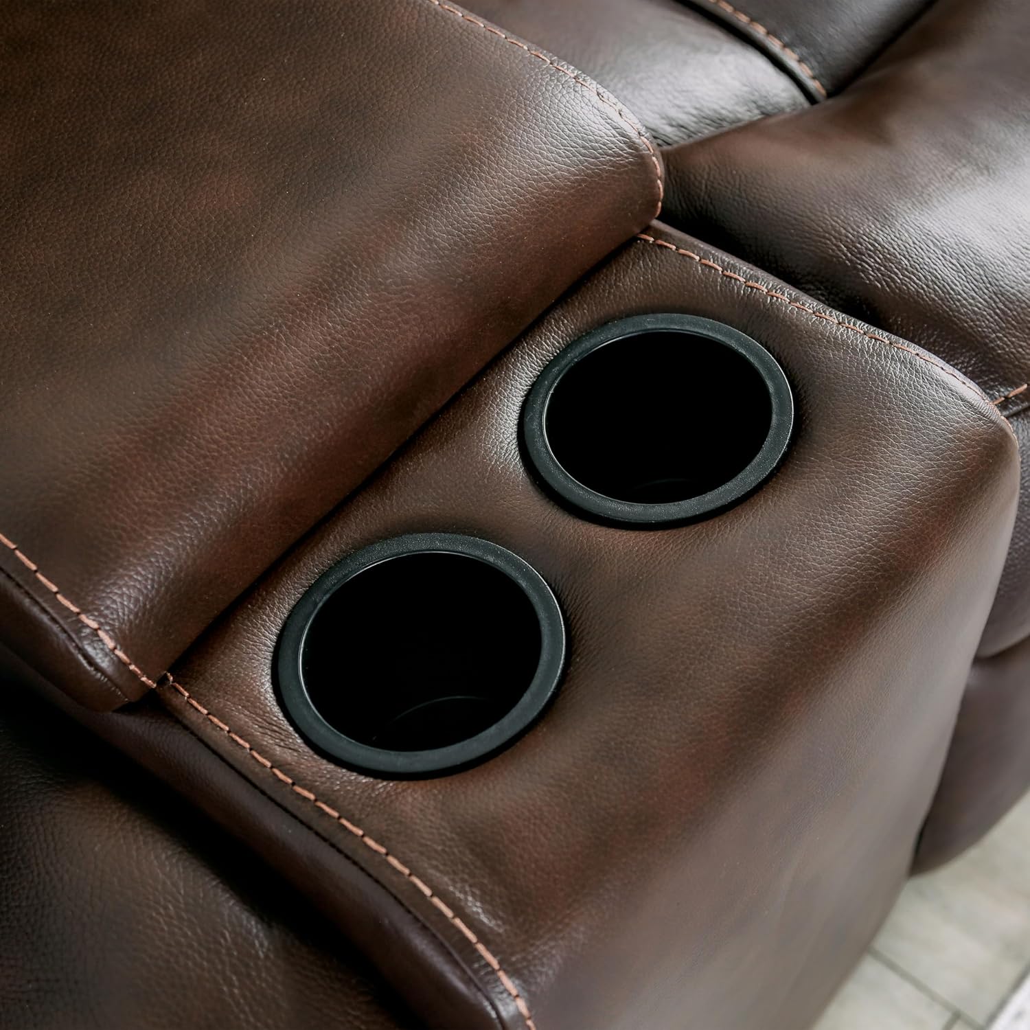 Furniture of America Corrals 77 inches Top Grain Leather Upholstered 2-Seater Power Recliner Loveseat with Cupholders and USB Port for Living Room, Home Office, Brown