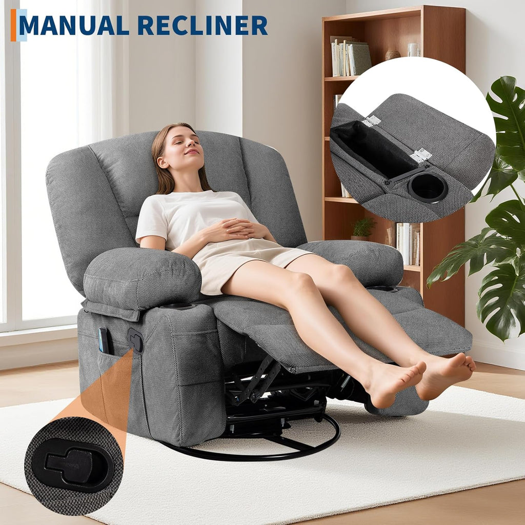 Massage Recliner Chair for Living Room, Chenille Rocker Recliner Chair for Adults with Vibration Massage and Heat, Adjustable Home Theater Seating for Living Room, Bedroom, 360° Swivel, Grey