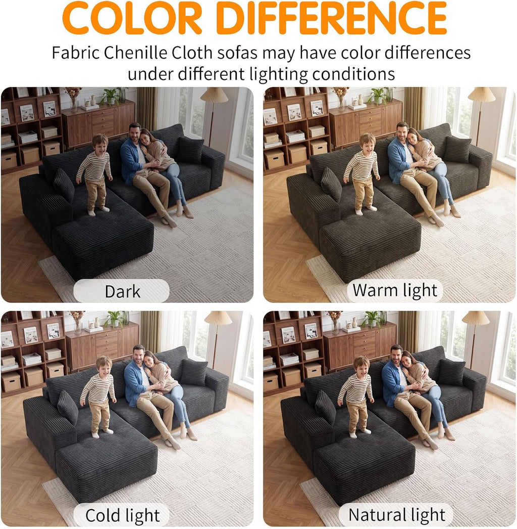104' Cloud Sectional Couch with L-Shaped Chaise,Modern Modular Sectional Sofa,Corduroy Boneless Couches for Living Room Bedroom,No Assembly Required, 3-Seater (Left Facing Chaise) Black