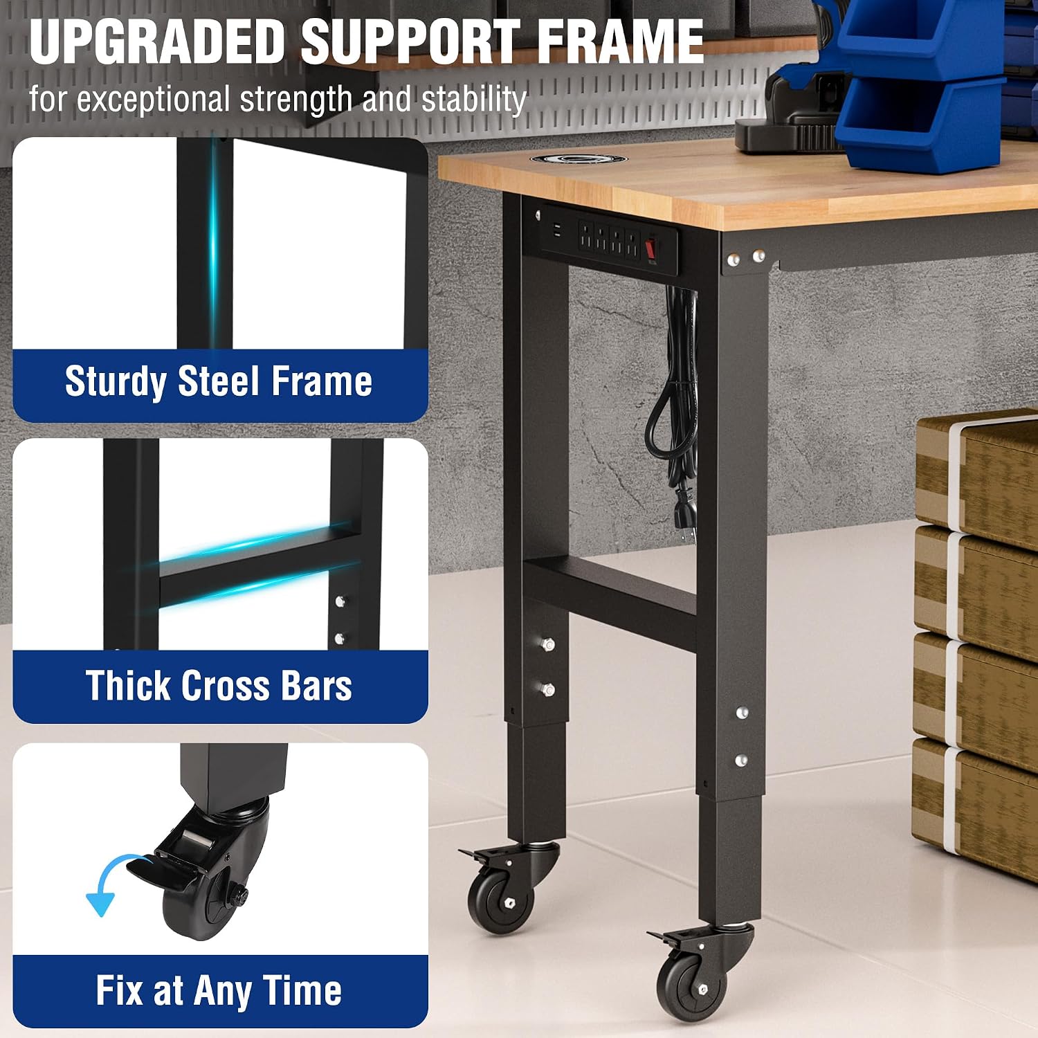 WORKPRO Garage Workbench, 48'X22' Adjustable Workbench with Wheels and Leveling Foot, Rubber Wood Top Work Desk with Power Outlets, 1500 LBS Workbenches for Garage, Workshop, Home