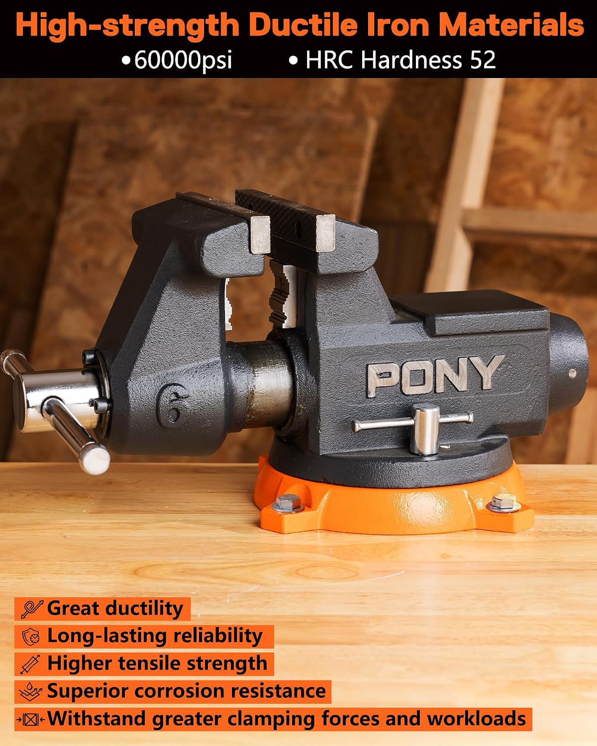PONY 6 Inch Heavy Duty Bench Vise 8800LBS Clamping Force, Pro Workshop Workbench Vise with 360-Degree Rotatable Base and Anvil, 6-inch Jaw Opening and Width for Woodworking, Drilling, Pipe Cutting