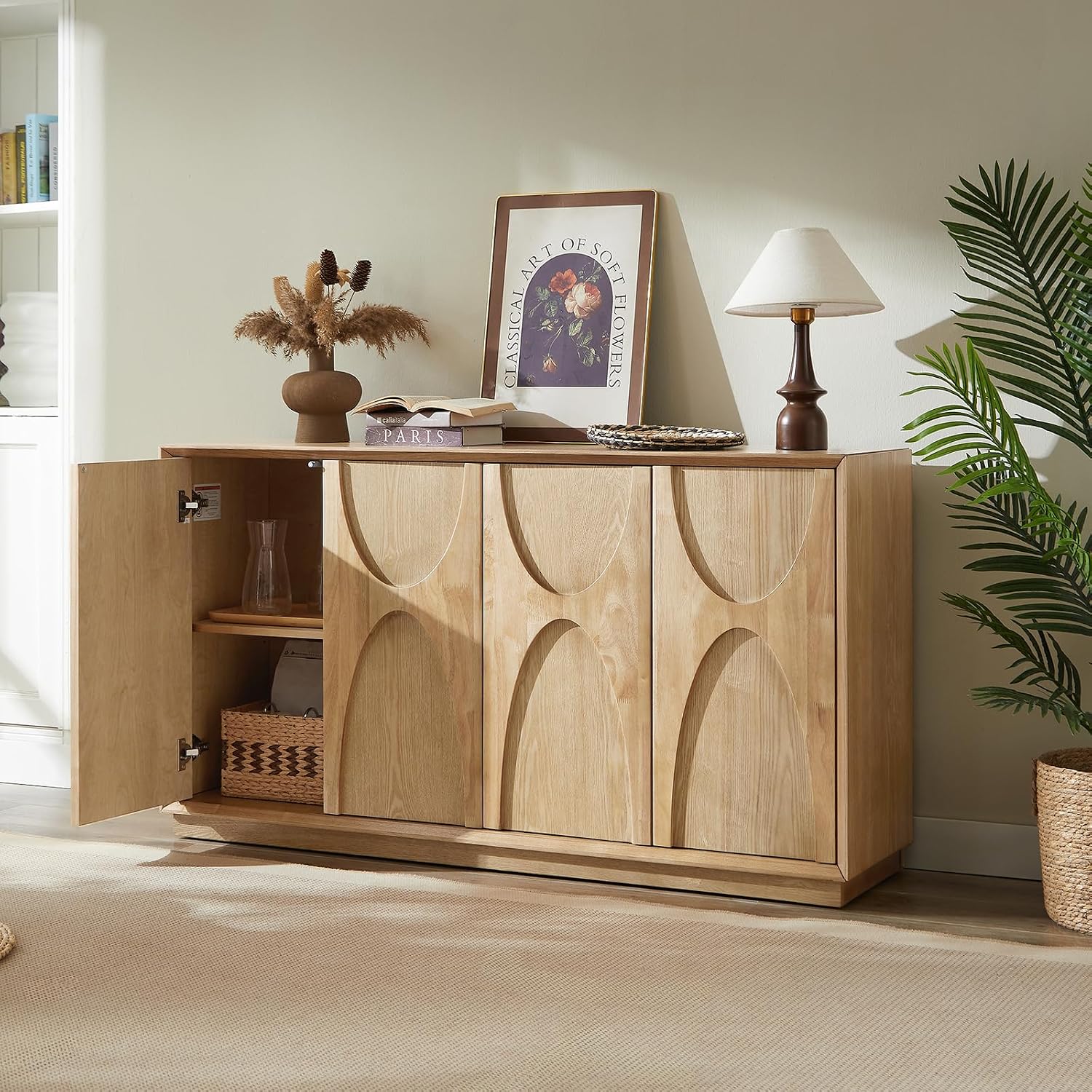 LKTART 59' Sideboard Buffet Cabinet Retro Accent Storage Cabinet with Magnetic Door Latches Adjustable Shelf for Living Room Kitchen(Natural Oak)