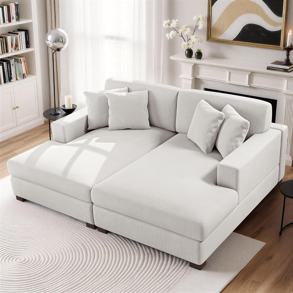 Oversized Chaise Lounge Chair Indoor, Corduroy Upholstered Sofa Bed for Living Room, Comfy Sleeper Couch Bedroom Reading Seat with Wood Frame - Beige, Left Armrest
