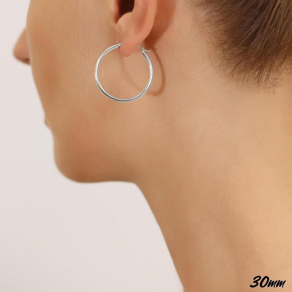Classic 10K White Gold Hoop Earrings - Shiny Polished Plain Round Gold Hoops for Women and Men