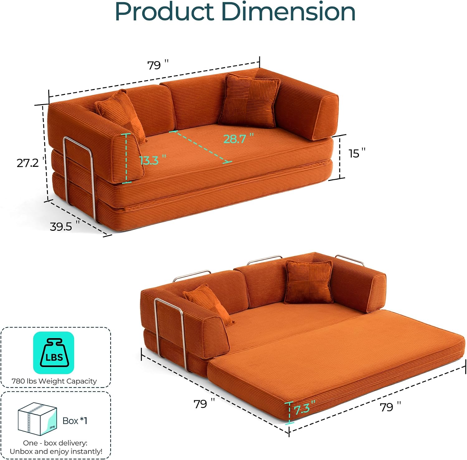 LINSY HOME Sofa Bed Couch - Convertible Boneless Couch Bed with 2 Pillow (Orange) | Folding Sofa Bed