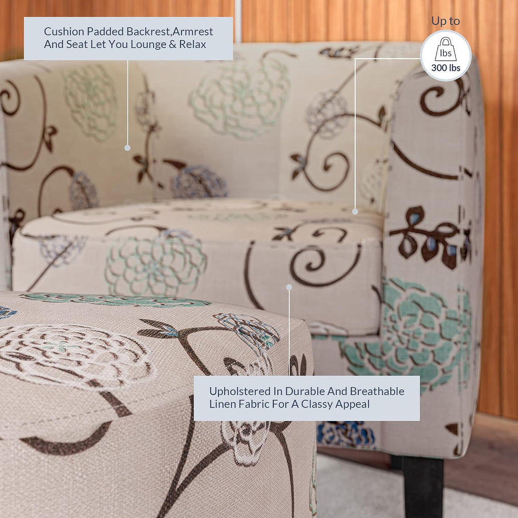 BELLEZE Accent Ottoman Set, Modern Upholstered Curved Back Chair, Barrel Round Tub Reading Chair and Footrest for Living Room Bedroom - Floral Beige/Linen
