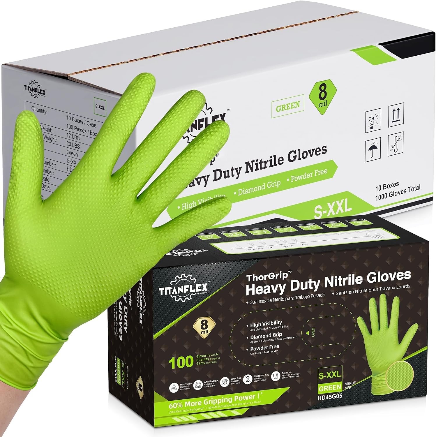 TitanFlex Heavy Duty Industrial Nitrile Gloves with Raised Diamond Texture, 8-mil, Latex Free (Green/Dark Green/Yellow)