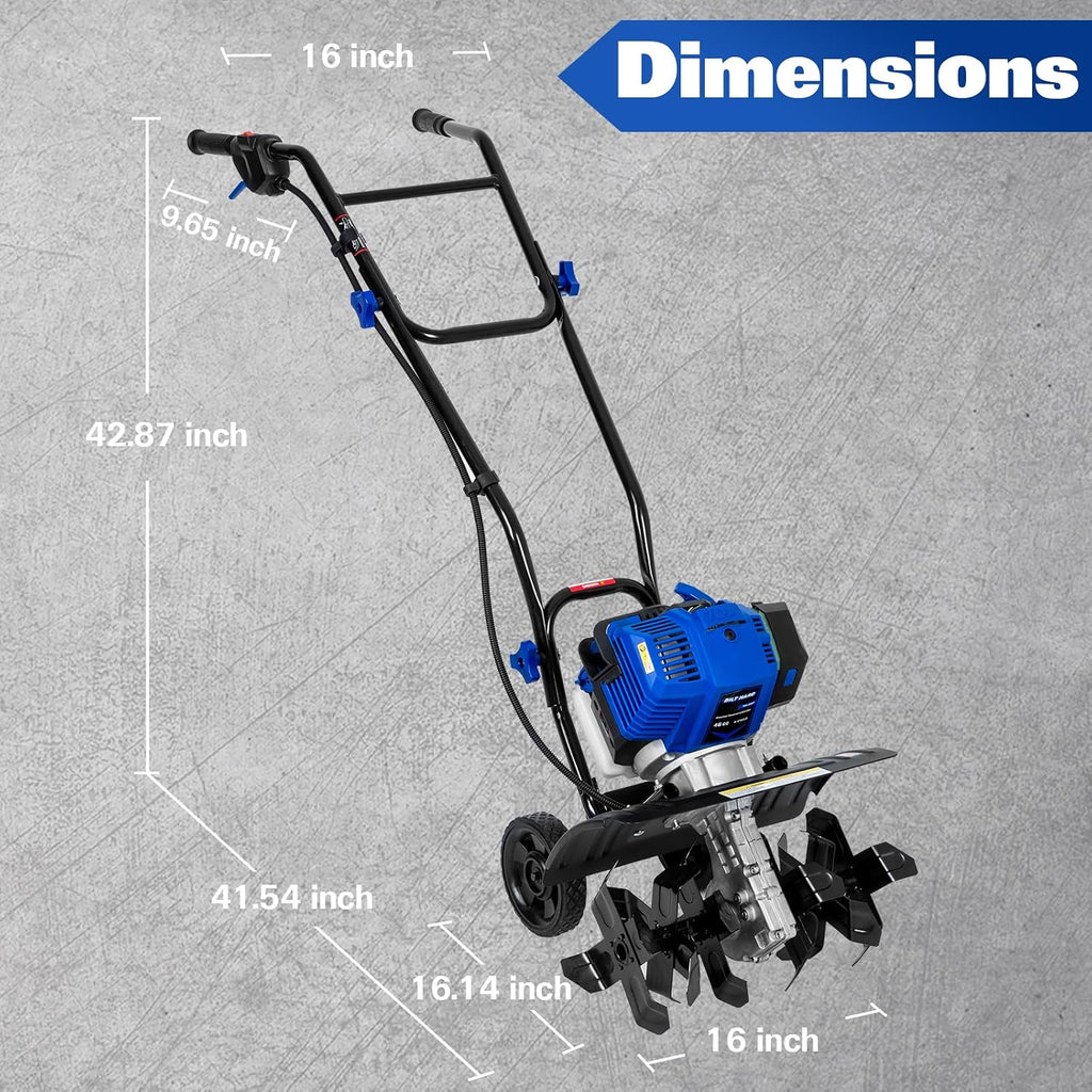 BILT HARD 46cc 4-Cycle 1.9HP Gas Powered Tiller Cultivator - 16' Heavy-Duty Steel Tines Rototiller, Adjustable Wheels & Cushioned Handle Grips for Plowing, Tilling, Weeding in Garden, Farm