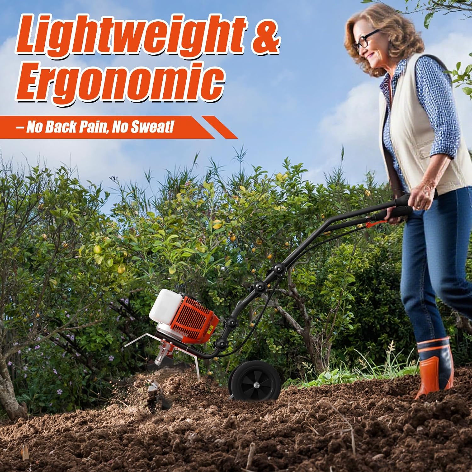 62cc Gas Tiller Cultivator, 10-Inch 2-Cycle Gas Powered Garden Tiller for Heavy Duty Soil, Self-Propelled Lawn Tiller with 4 Steel Tines & Adjustable Handle, Easy Pull Start for Clay/Dirt