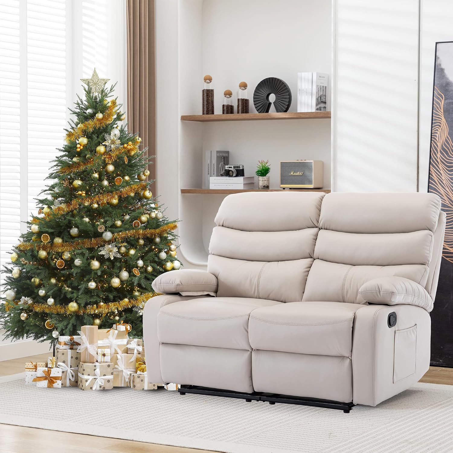 Double Recliner Loveseat, Leather Reclining Loveseat, 2 Recliners Set, Wall Hugger Loveseat Recliner Sofa for Living Room, RV, Home Theater Seating(Beige, 2 Seater Sofa)