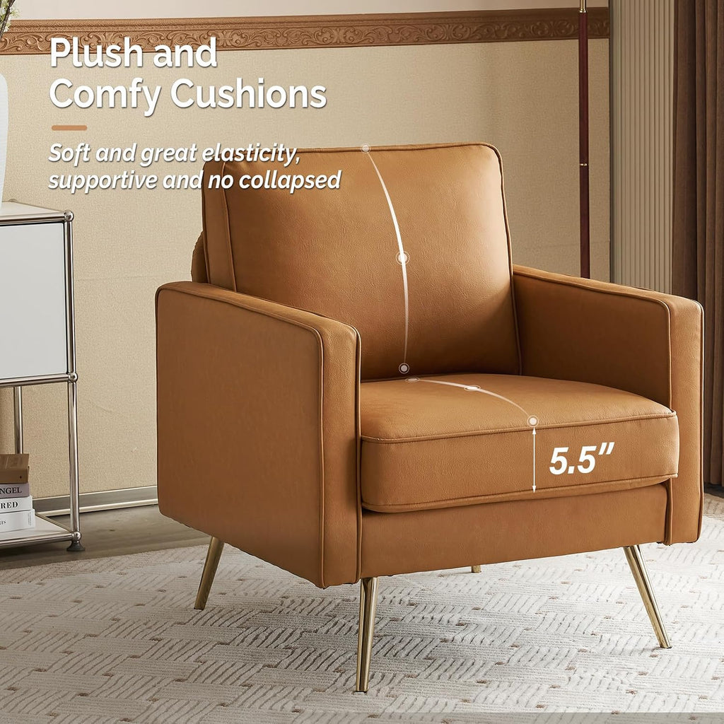 VINGLI PU Leather Accent Chair, Mid-Century Modern Living Room Chairs with Removable Cushions, Gold Legs, Upholstered Sofa Armchair for Bedroom, Office, Apartment, Play Room
