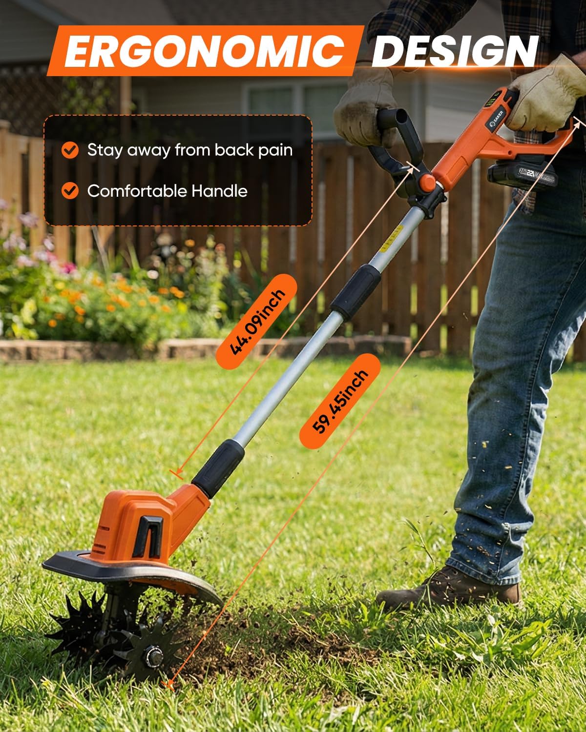 Saker 22V Cordless Electric Garden Tiller Cultivator, Rototiller for Gardening with 3 Adjustable Speed, 9-Inch Tilling Width, 6.3-Inch Depth for Soil Preparation, Weeding, and Gardening SK-TC18A