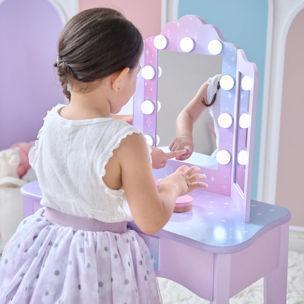 Teamson Kids Stardust Print Gisele Medium Vanity with LED Lights & Touch Sensor Mirror, Storage Drawer for Kids Pretend Play, Purple Elegant Dressing Table Set with Stool for Toddlers & Girls Ages 3+