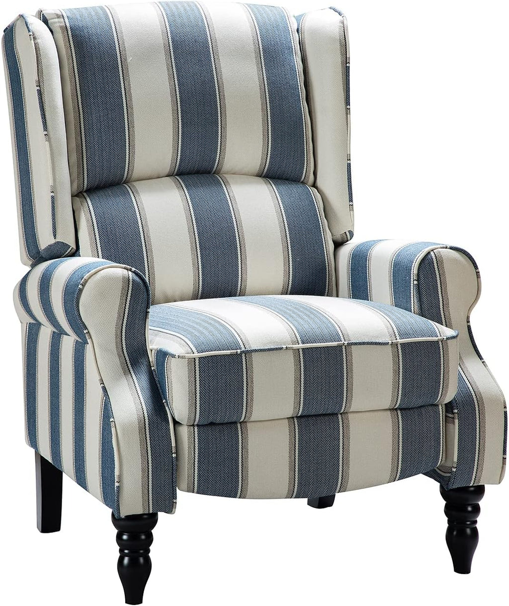 HULALA HOME Upholstered Wingback Recliner Chair, Small Adjustable Footrest Push Back Single Reclining Sofa, Mid Century Modern Lounge Armchair for Living Room, Bedroom, Reading/Stripe Navy