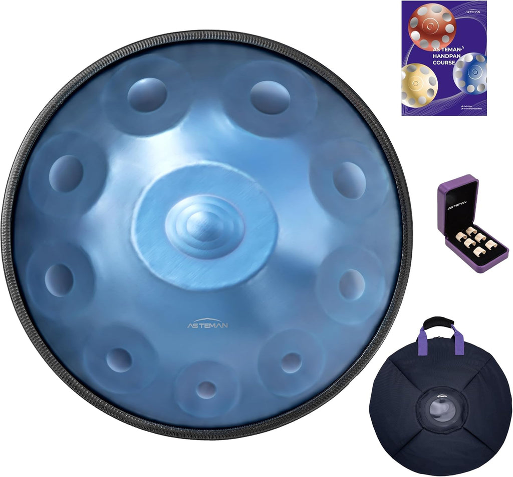 ASTEMAN Handpan in D Minor,440hz, 22 inches with 10 notes, comes with a backpack, courses, finger sleeves, stand, cleaning cloth, and two mallets.