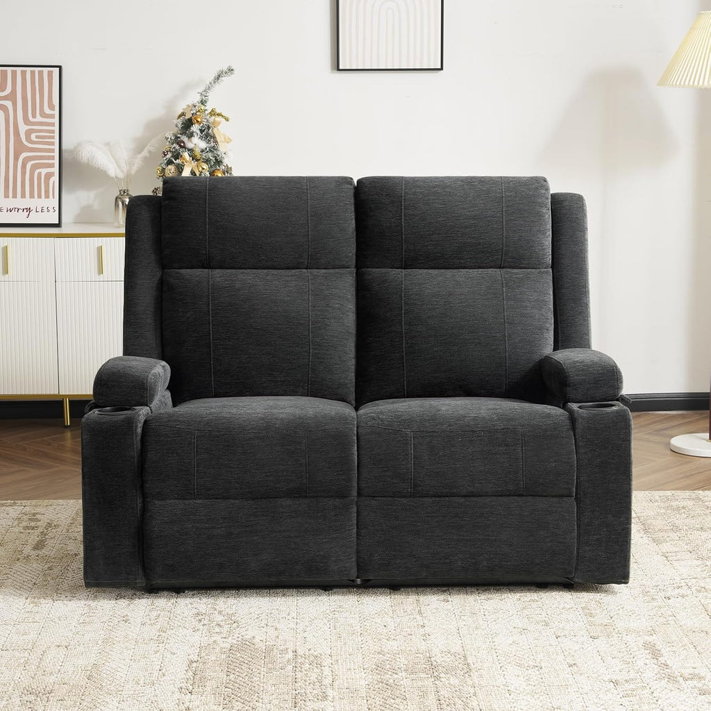 Loveseat Recliner, Double Recliner Loveseat with Adjustable Footrest & Cup Holder, Wall Hugger Recliner for Living Room & Home Theater & RV(Black)