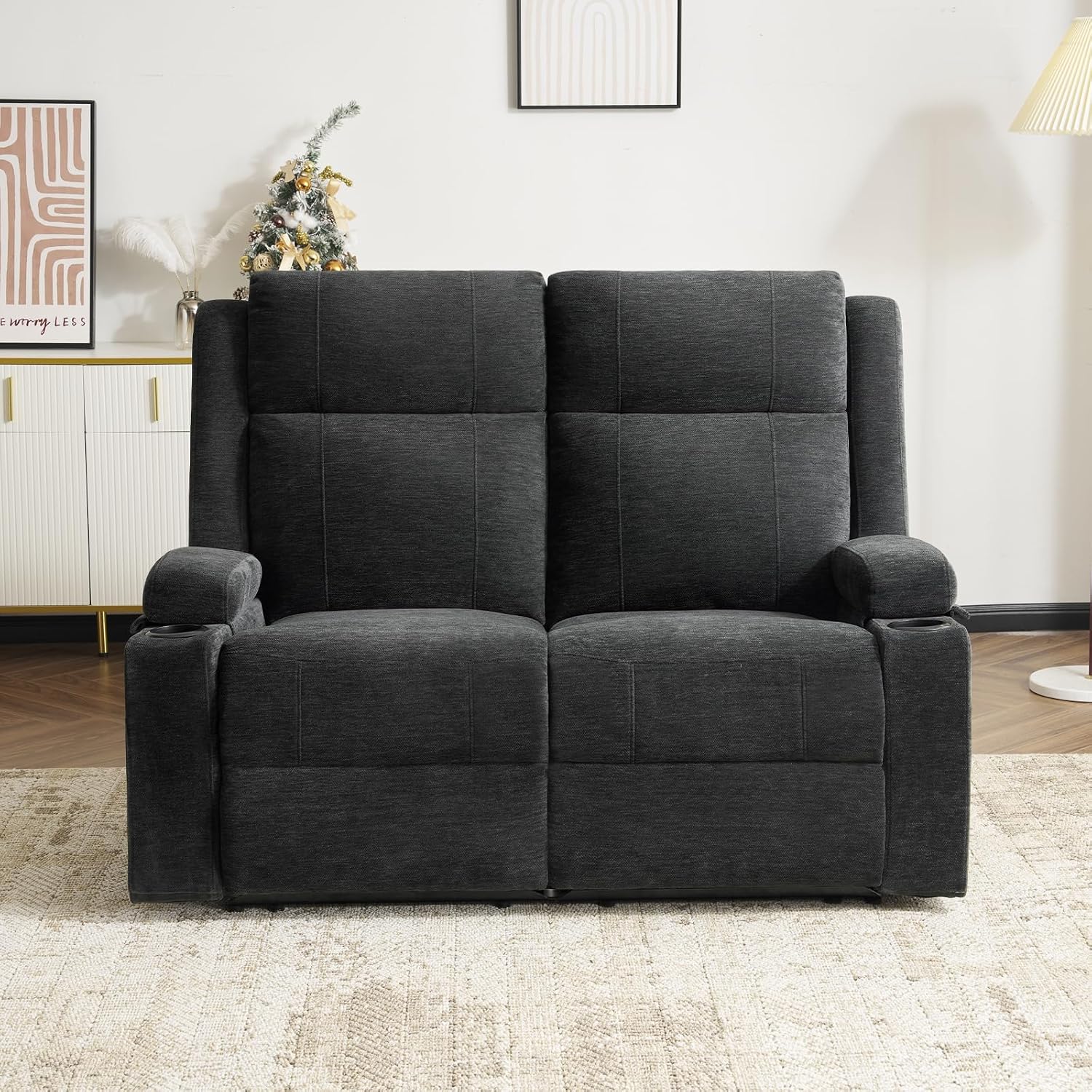 Loveseat Recliner, Double Recliner Loveseat with Adjustable Footrest & Cup Holder, Wall Hugger Recliner for Living Room & Home Theater & RV(Black)