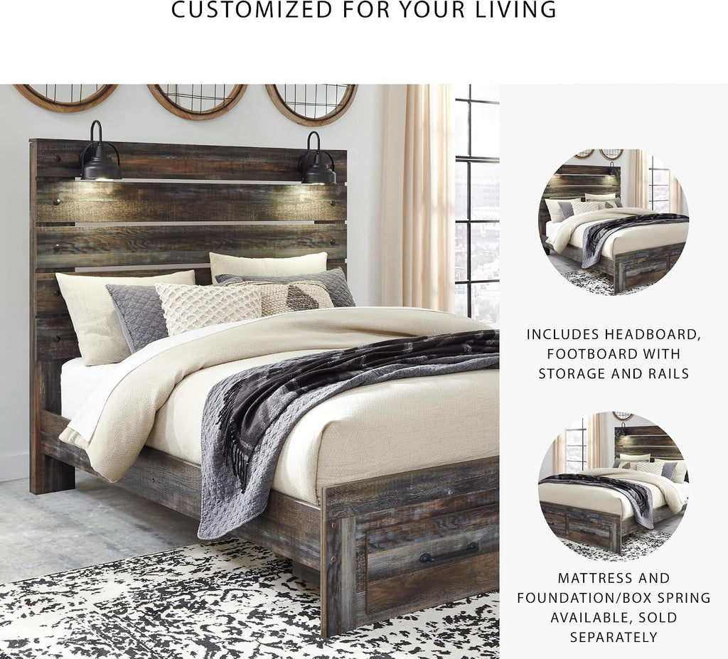 Signature Design by Ashley Drystan Queen Panel Bed with Storage Drawers, Built-in USB & LED Sconce Lights, Engineered Wood, for Master Bedroom Suites, Rustic Brown, Queen