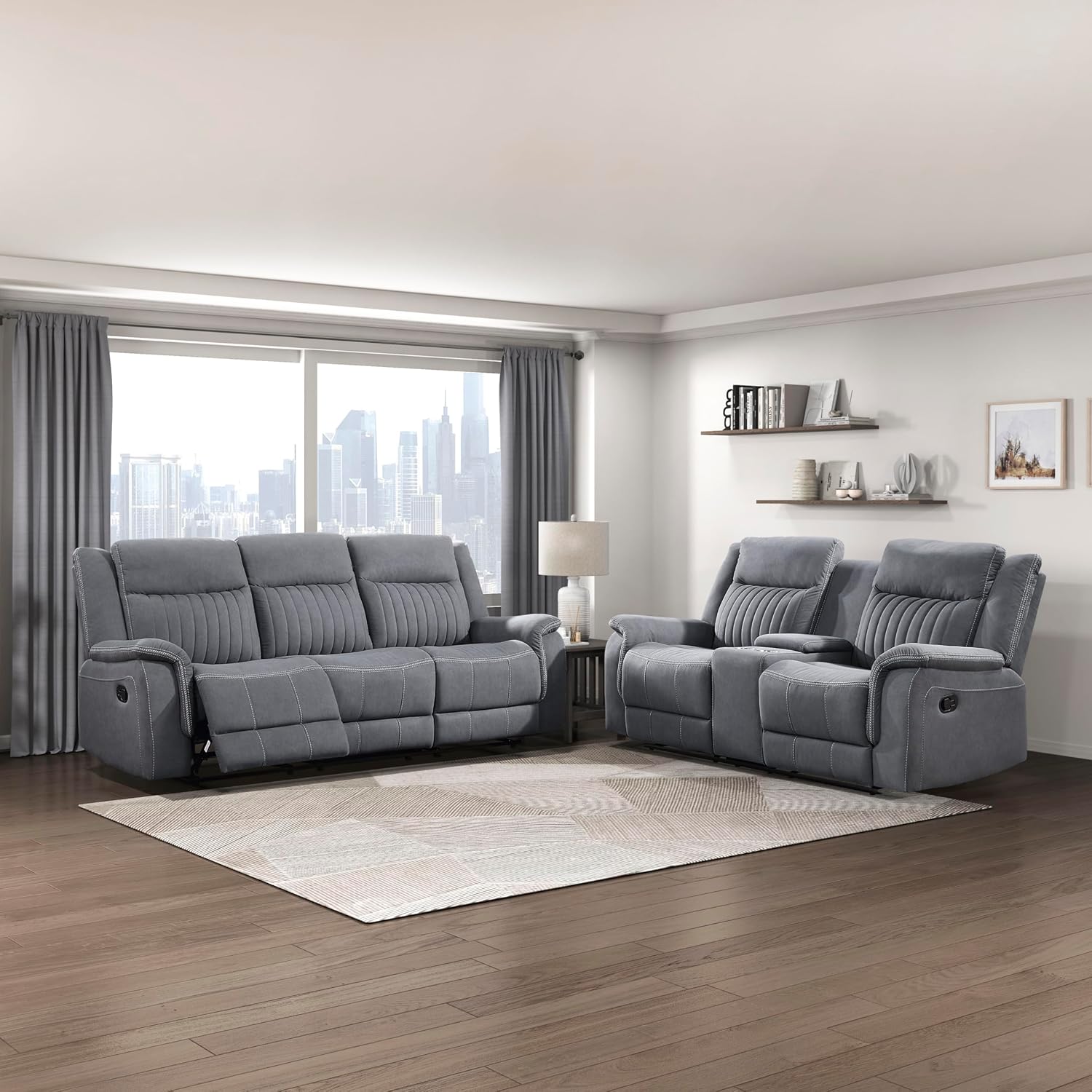 Lexicon Living Room Furniture Sets, Manual Wall Hugger Recliner Couch and Loveseat Sets, Home Theater Seating, Double Recliner RV Couch, Grey
