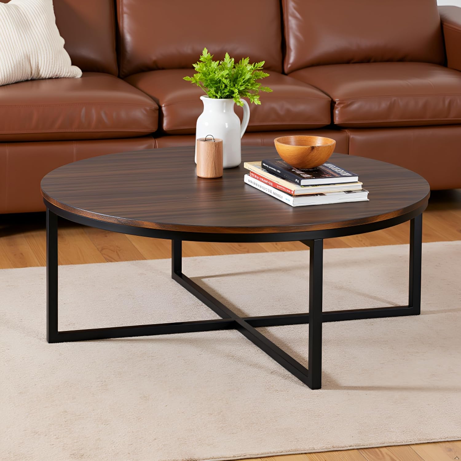 Arcadia 42-Inch Round Acacia Wood Coffee Table – Industrial Living Room Table with Antiqued Mocha Finish and Metal Sled Legs – Ideal Centerpiece for Sectionals and Sofas by Alaterre Furniture