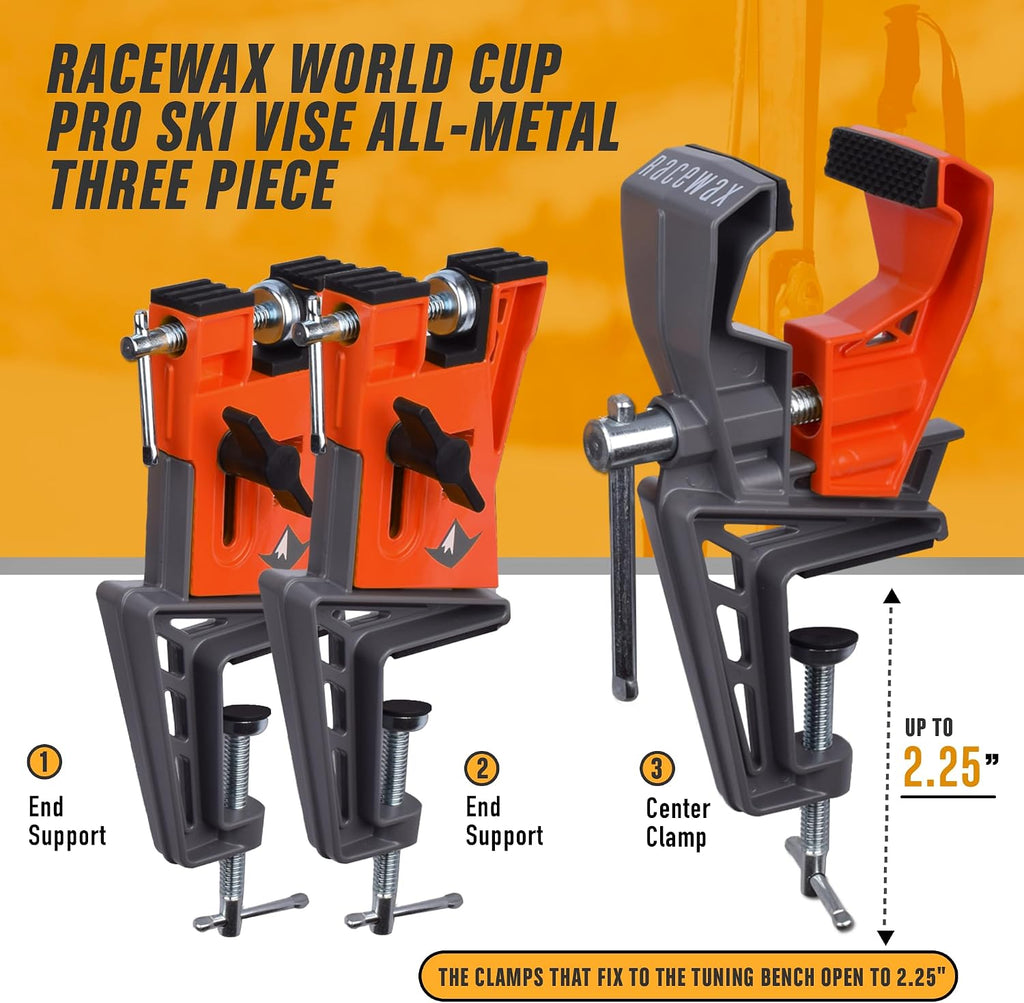 RaceWax Ski Vise Set - Three Piece, All-Metal, World Cup Pro Ski Vise Kit for Tuning, Edging, and Waxing - Heavy Duty, Adjustable Design with Non-Slip Clamp Pads for Secure Grip (PB-4100)