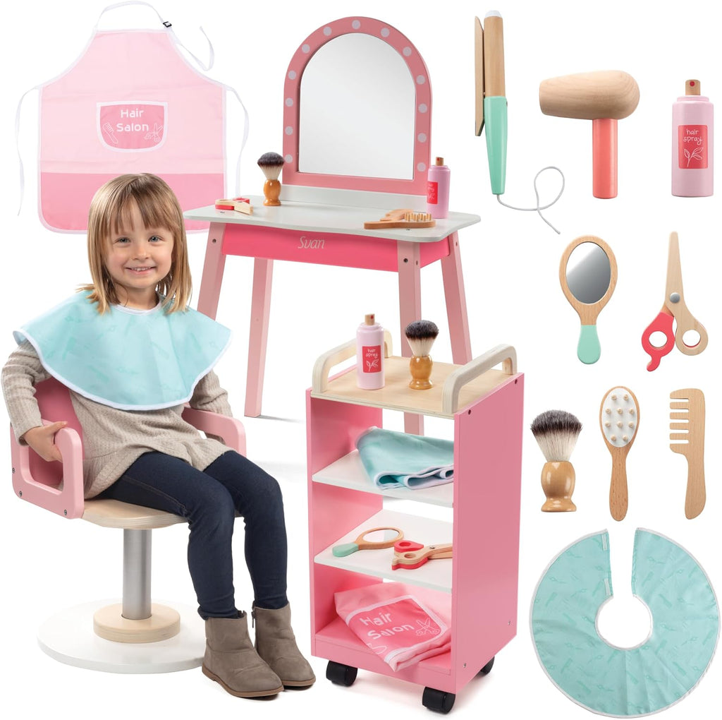 Pretend Hair Salon Wooden Play Set- Full Vanity Mirror with Chair & Rolling Cart- Playset Includes Blow Dryer, Brush, Styling Cutting Tools- Girls Hair Dresser Stand Center, Stylist Fun, Gift for Kids