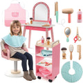 Pretend Hair Salon Wooden Play Set- Full Vanity Mirror with Chair & Rolling Cart- Playset Includes Blow Dryer, Brush, Styling Cutting Tools- Girls Hair Dresser Stand Center, Stylist Fun, Gift for Kids