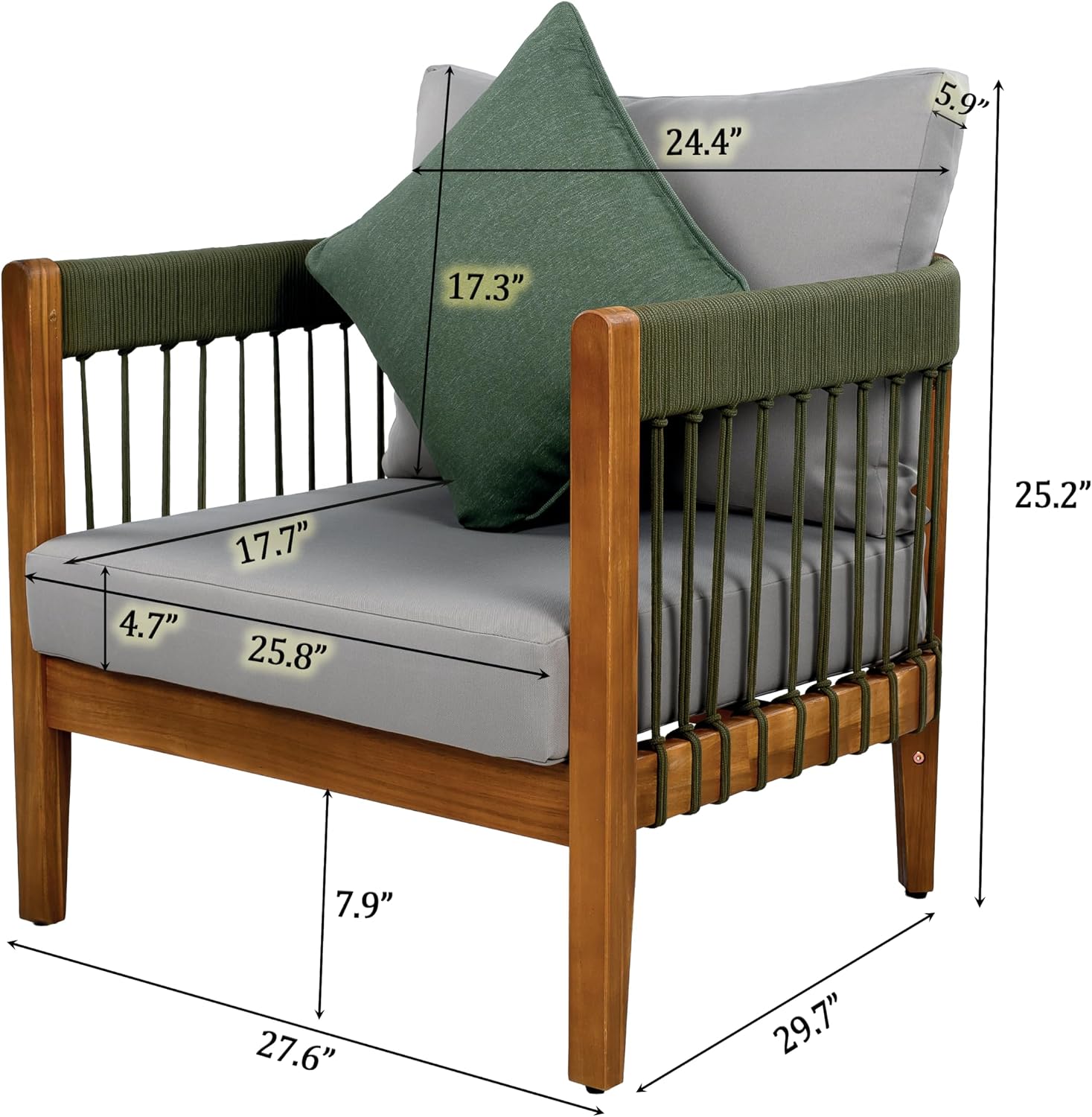 Christopher Knight Home Vinny Outdoor Club Chairs Set of 2, Acacia Wood Accent Chair, Comfort Seating Reading Sofa, Handwoven Rope Armchair with Removable Cushions for Garden Backyard, Green+Gray
