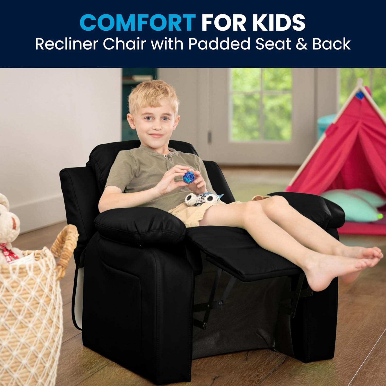 Flash Furniture Charlie LeatherSoft Kids Recliner with Flip-Up Storage Arms and Safety Recline, Contemporary Reclining Chair for Kids, Supports up to 90 lbs., Black