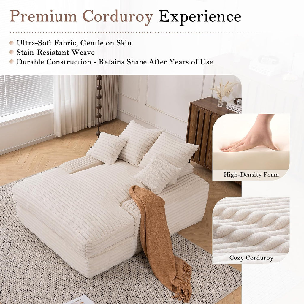 KEIKI 53.94'' Luxury Corduroy Convertible Chaise Lounge Chair with 4 Pillows, Ultra-Soft Sofa Bed, No Assembly Required, Ergonomic Recliner for Living Room, Apartment & Small Spaces, Beige